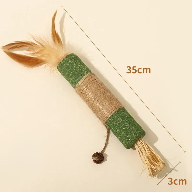 Natural wood cat teething chew rod with Lafite grass and catnip, 2.2cm diameter, shown with raffia scarecrow style