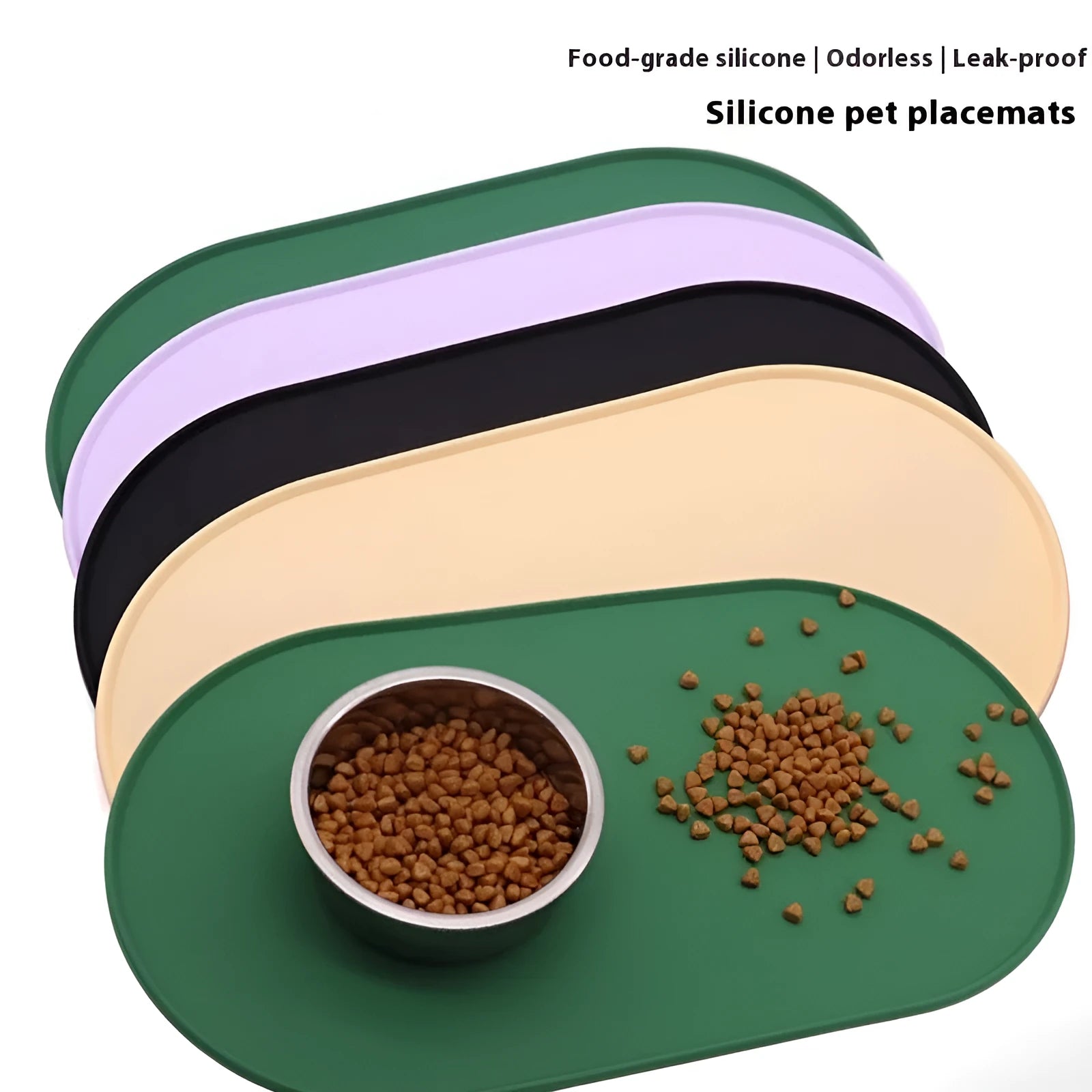 Silicone waterproof cat meal placemat in green colour showing size dimensions