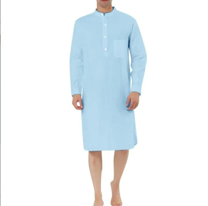 Men's button-front shirt robe in a cotton blend fabric with two front pockets