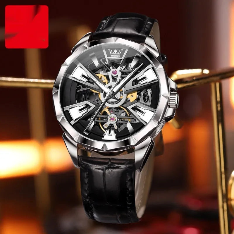 Men's automatic mechanical watch with hollow design, waterproof feature, 44mm barrel-shaped stainless steel case