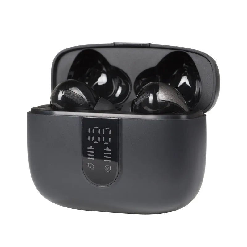 Jerry X08 wireless Bluetooth in-ear headset with digital display and USB charging case in Black, Grey, or White colours