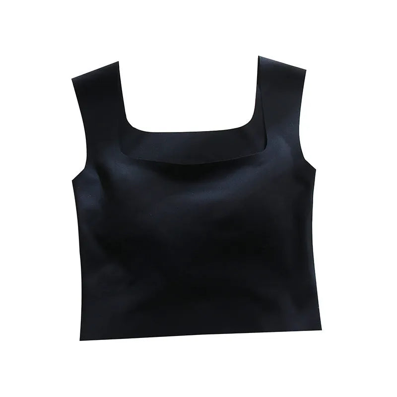 Women's non-marking nylon sling vest with chest pad in light blue, showing seamless beauty back design.