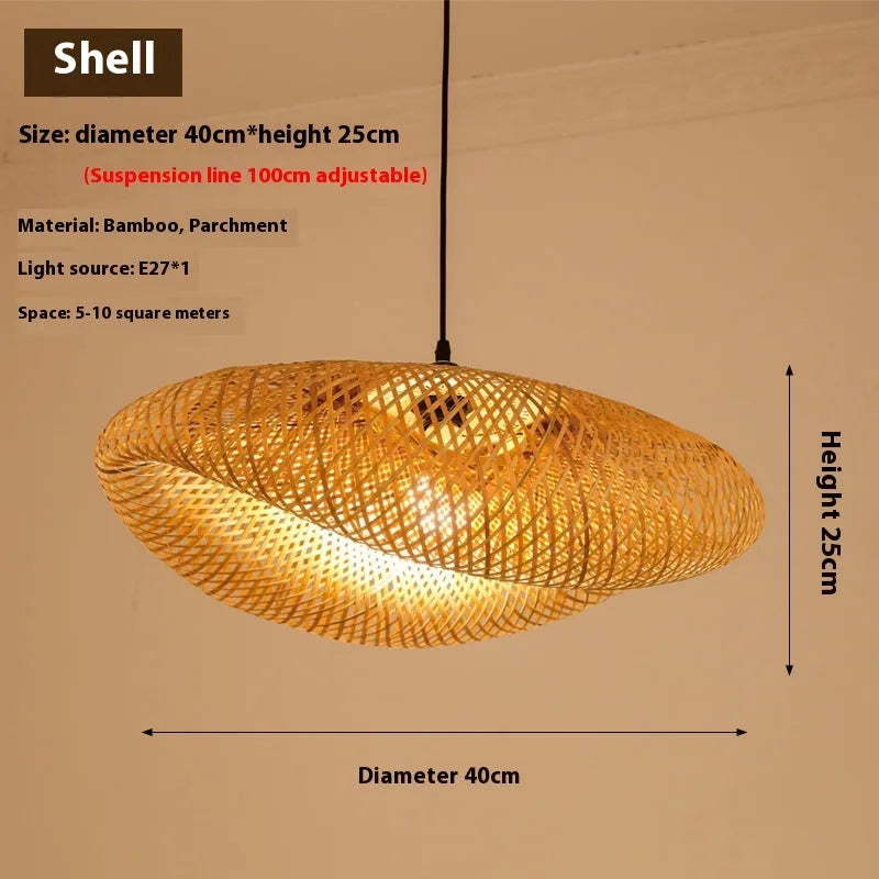Bamboo Chinese Zen chandelier with 40cm diameter shell for tea room lighting