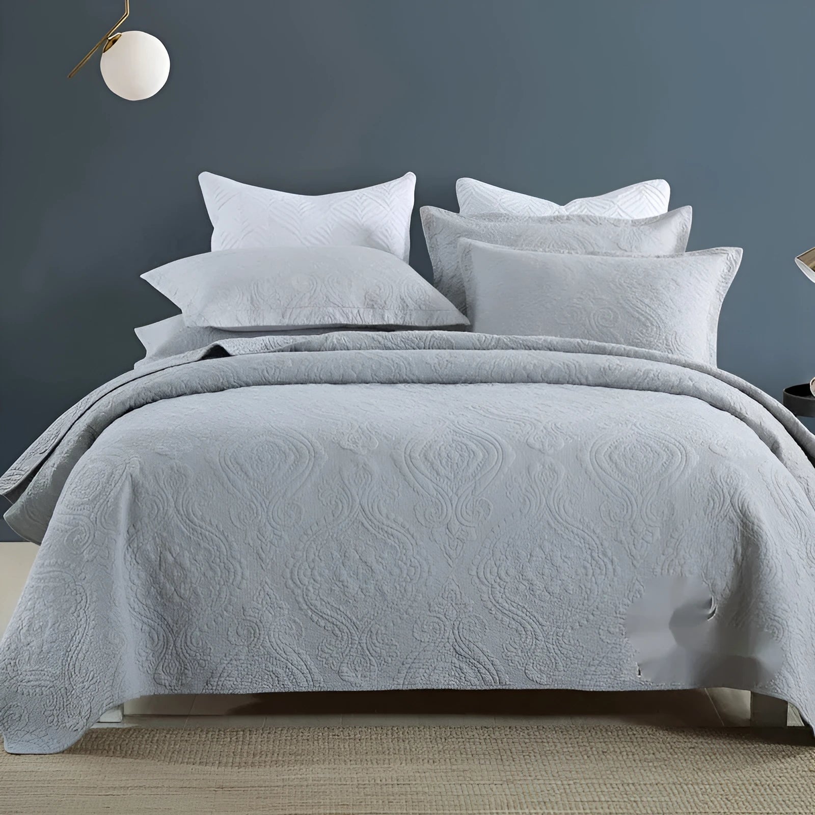 Pure cotton bed cover set showing damask pattern option with bed sheet, duvet cover and pillowcases
