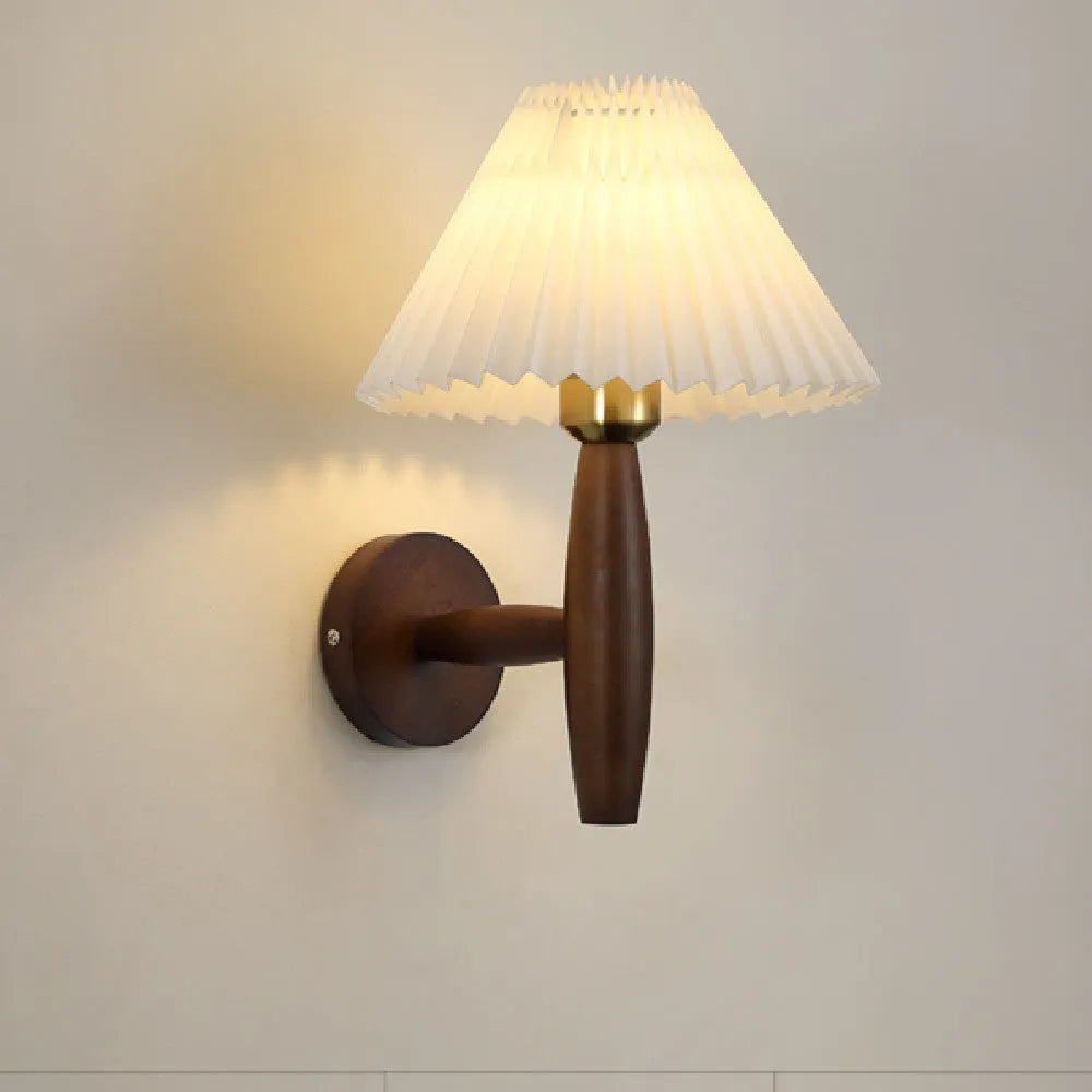 American retro style wooden wall lamp with fabric shade in walnut finish