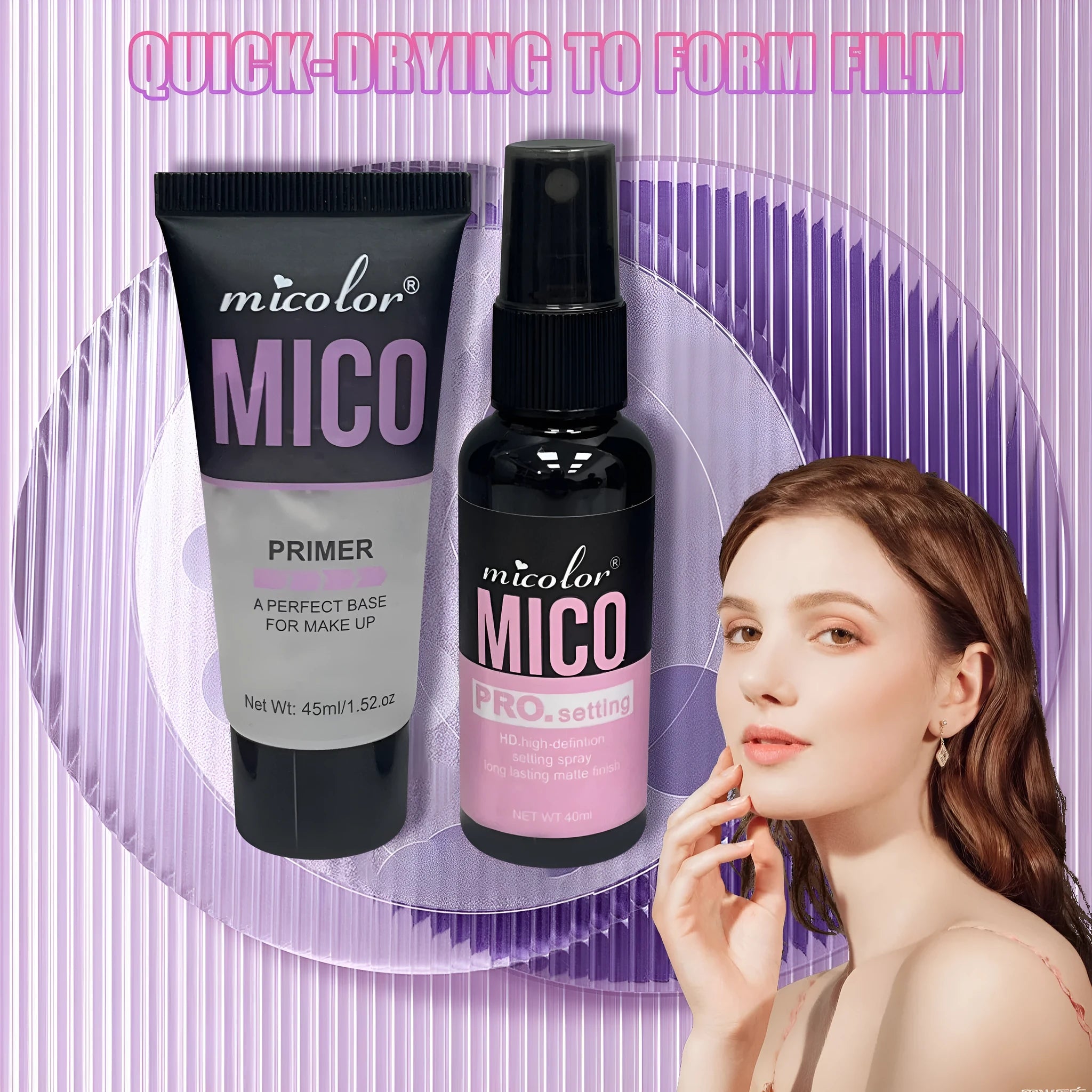 Two-in-one makeup primer and finishing spray set with 45ml lotion and 40ml spray in monochrome packaging
