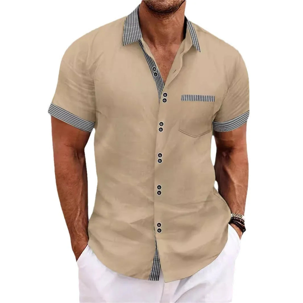 Man wearing a slim fit striped casual shirt with double button short sleeves in pure cotton.