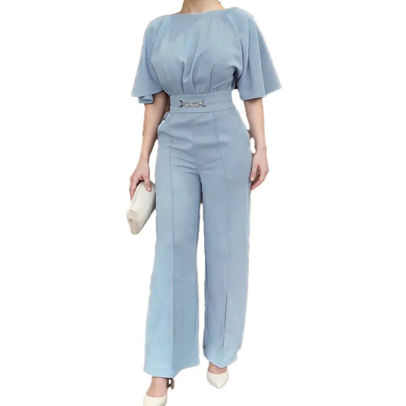 Blue men's casual polyester suit set with trousers and a long-sleeved shirt on a mannequin