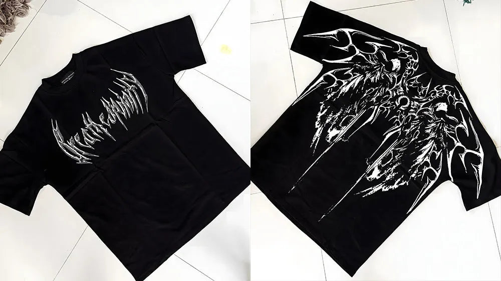 Dark style loose fit pure cotton short-sleeved t-shirt with gilding craft detail available in sizes S to XXL