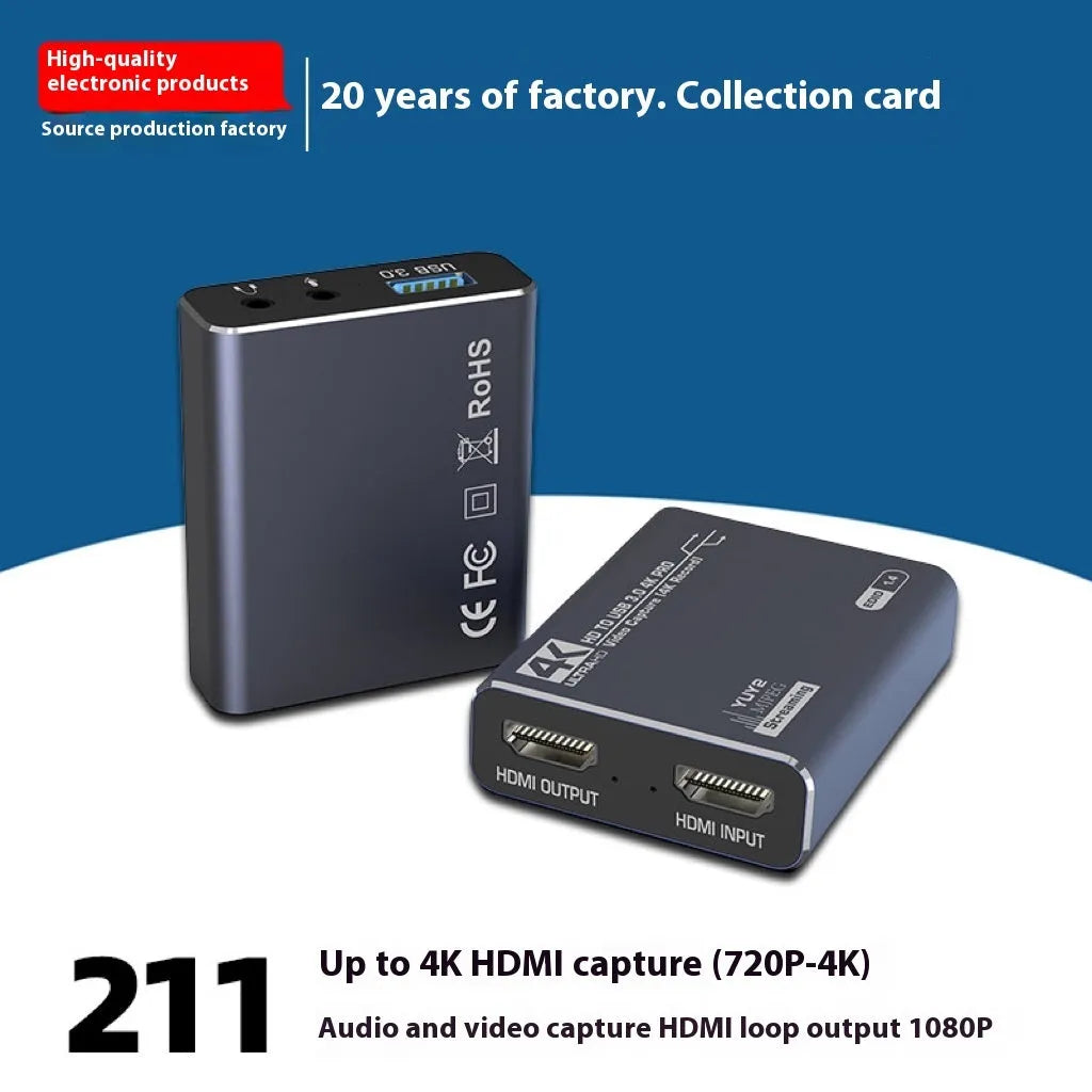 Black 4K gaming set-top box for USB audio recording with MS2131 chip and data cable.