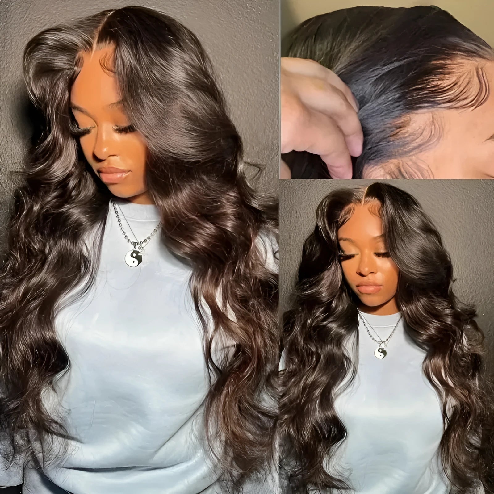 Dark brown long curly synthetic wig with side bangs and a lace front.