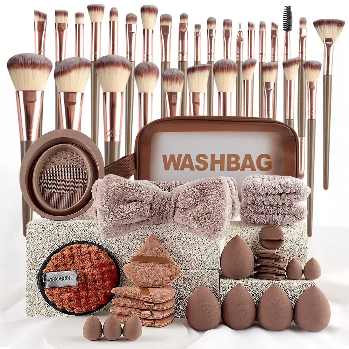 Beauty tool combination set with multiple pieces in pink, brown and purple colours for face wash and makeup application