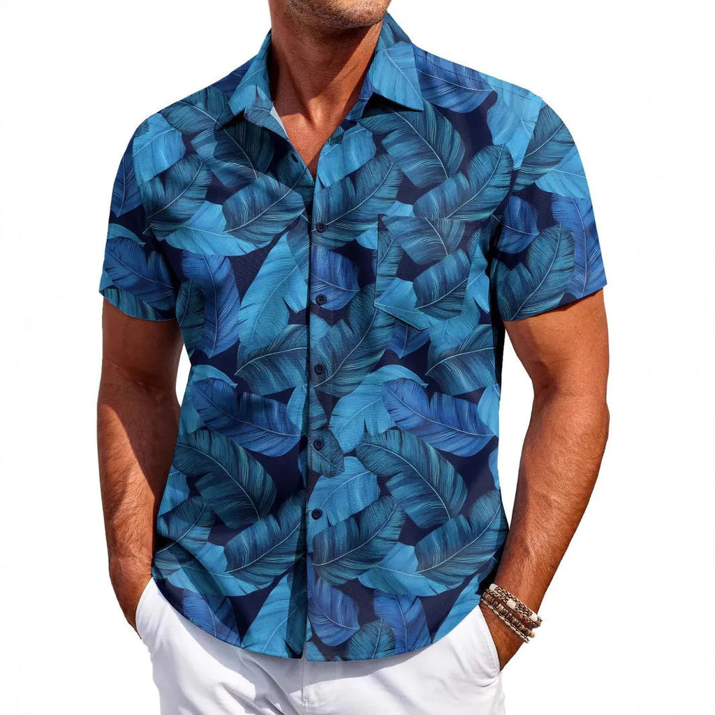 Men's slim fit Hawaiian shirt with short sleeves in elastic polyester fabric