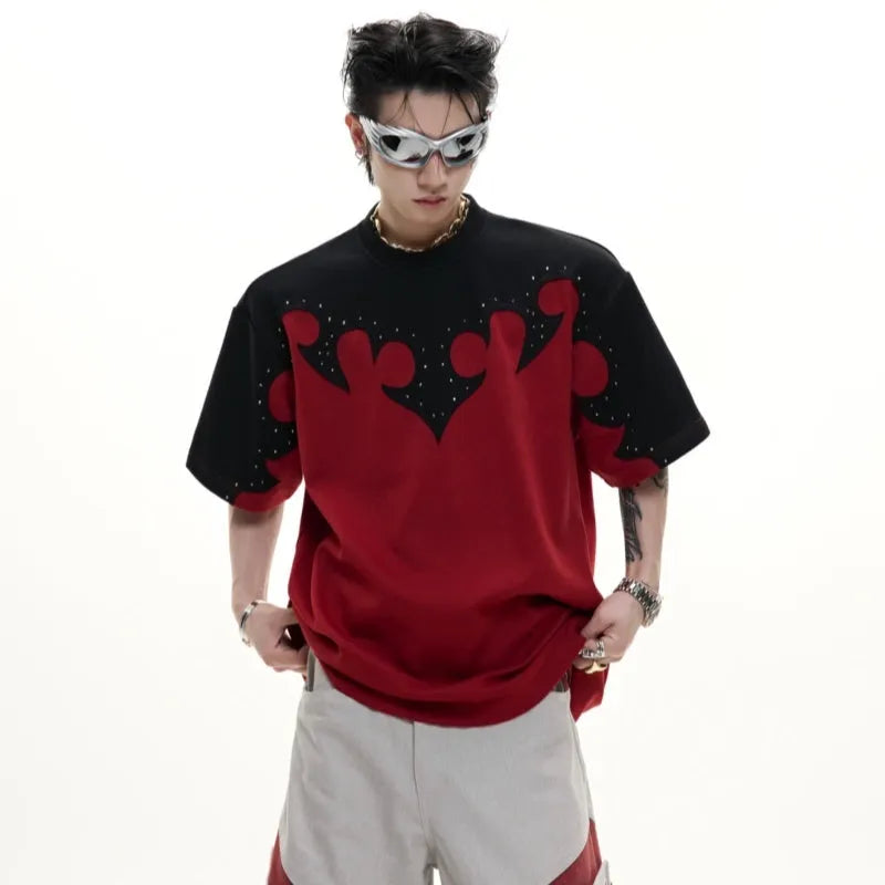 Men's red cotton t-shirt with three-dimensional stitching and rhinestone flower decoration, round neck with short drop-shoulder sleeves