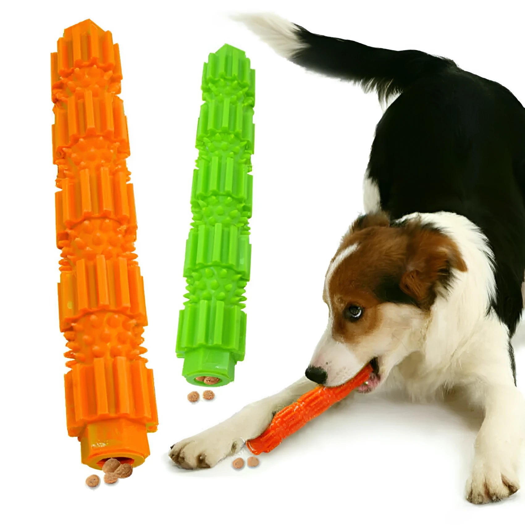 Green rubber dog chew toy with treat dispensing holes for aggressive chewers