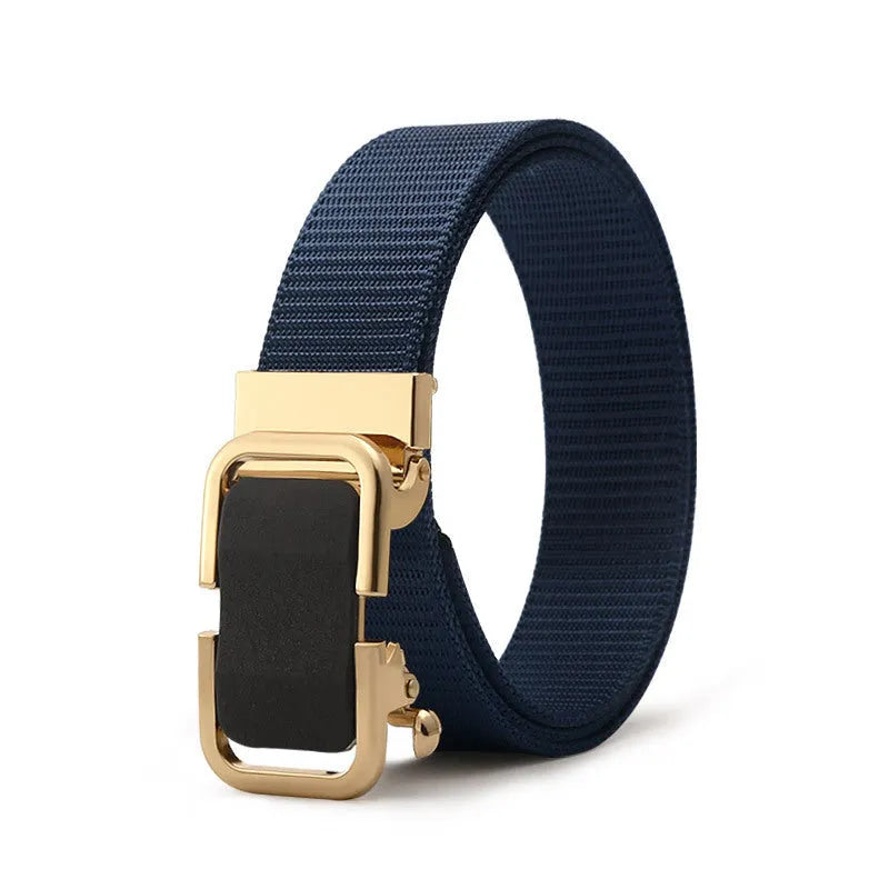 Men's nylon canvas belt in army green with an alloy buckle, laid flat showing 120cm length.