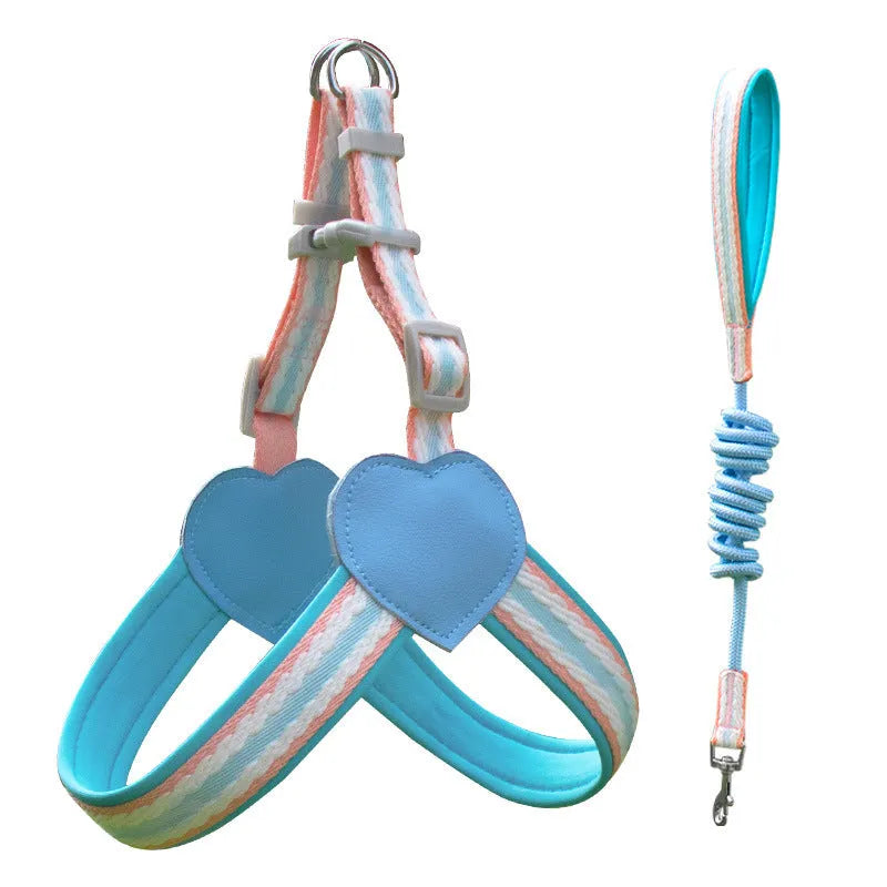 Nylon dog walking vest chest strap with attached rope in emerald green on a dog.