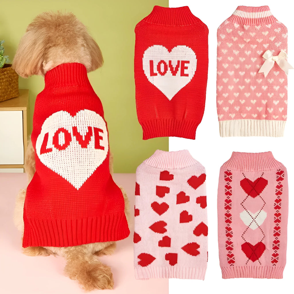 Dog wearing acrylic jumper with love heart and bow designs in red and pink colour patterns