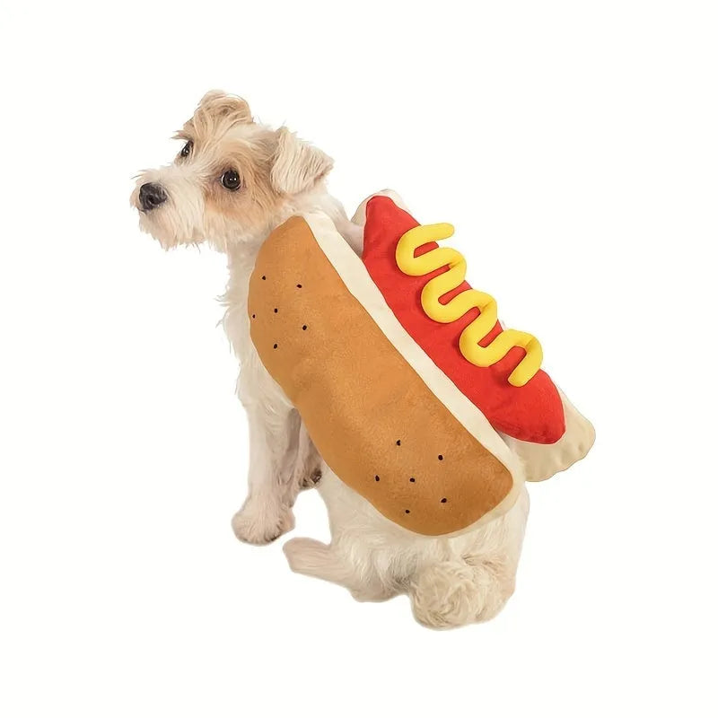A small dog wearing a stuffed hot dog costume with a padded sausage midsection.