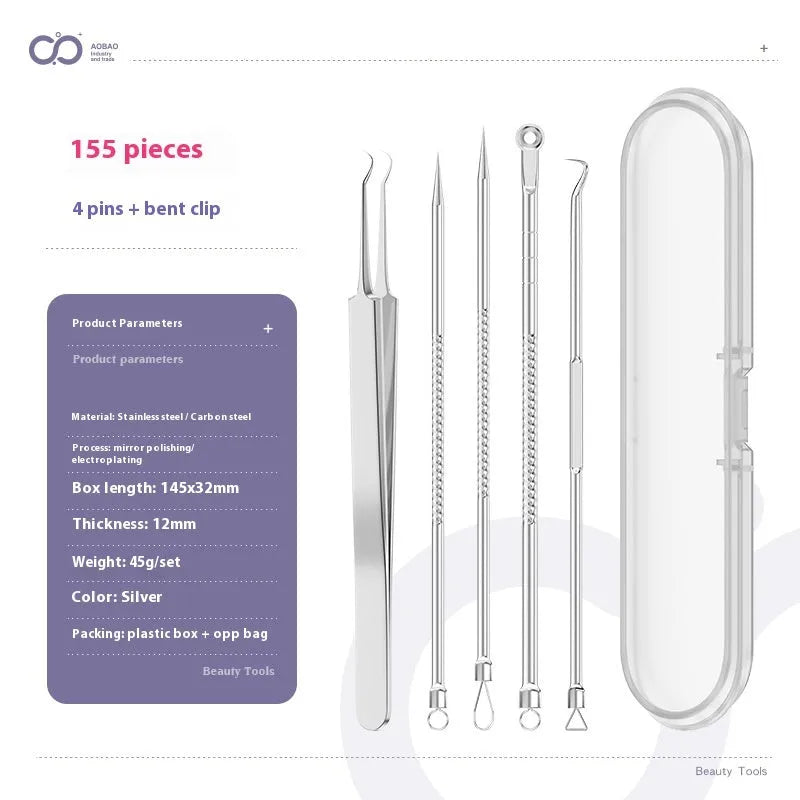 Four silver metal acne needles with pointed tips for skincare extraction.