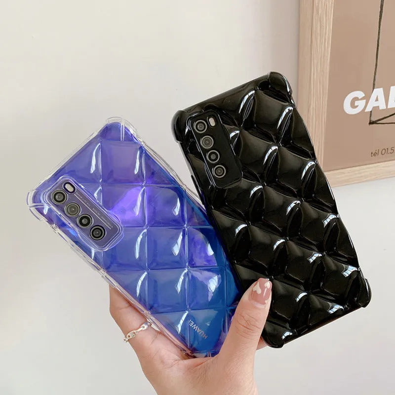 Silicone diamond back cover phone case for Huawei smartphones in black, green, pink, and white.