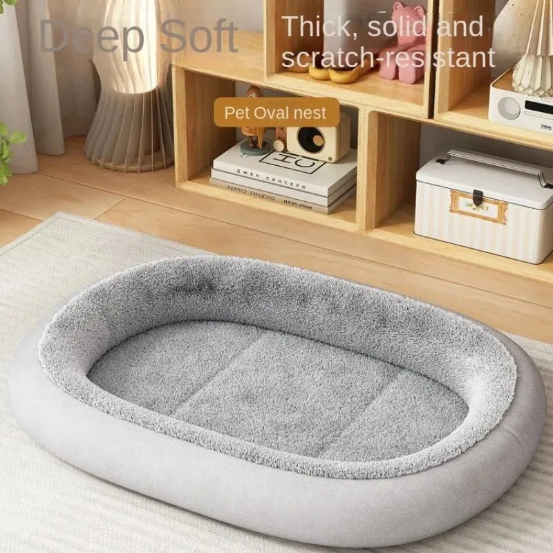 A thick padded dog kennel for small and medium dogs in a grey colour, shown with size dimensions.