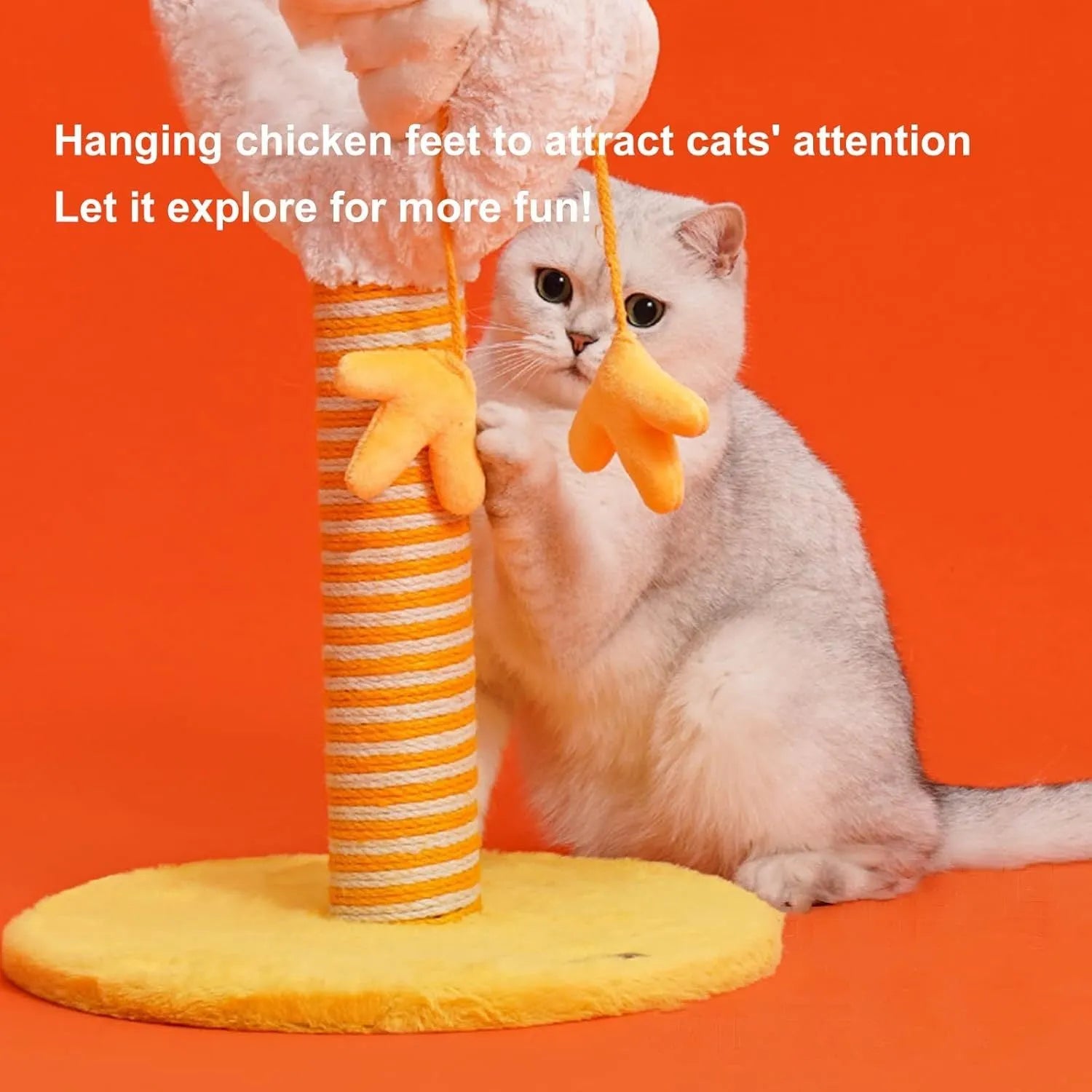 Yellow vertical sisal cat scratching post with chicken design, spring ball, and reinforced solid wood base