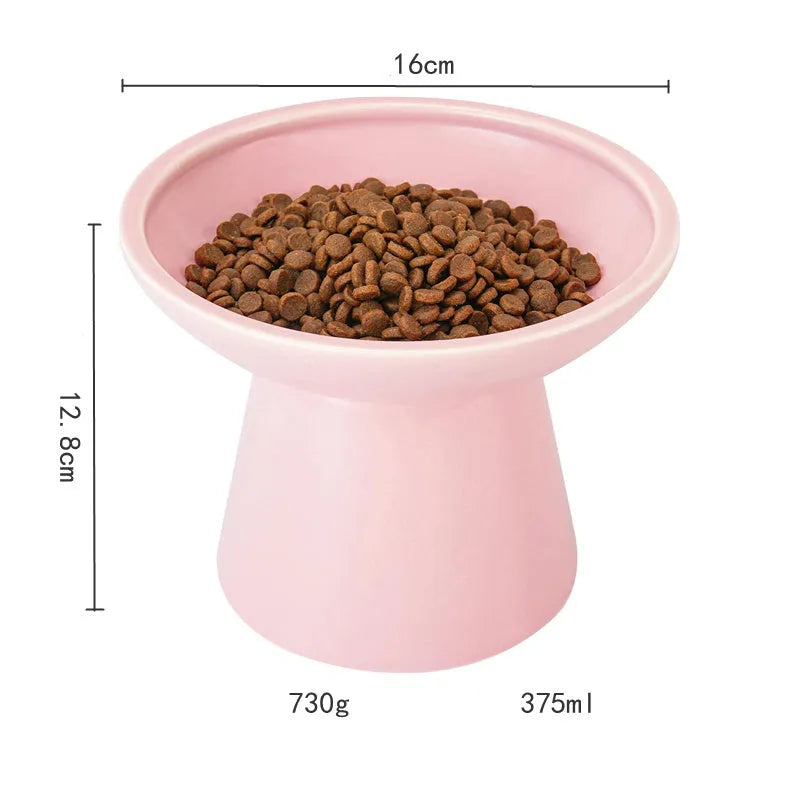 Blue ceramic elevated cat food bowl with wide shallow design next to a matching water bowl.