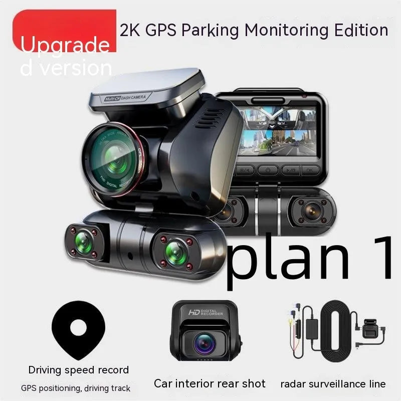 Compact black plastic car dash cam with four lenses and a 2-inch screen for GPS logging and parking surveillance.