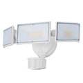 120V LED security flood light with motion sensor in white or black finish for outdoor wall or ceiling mounting