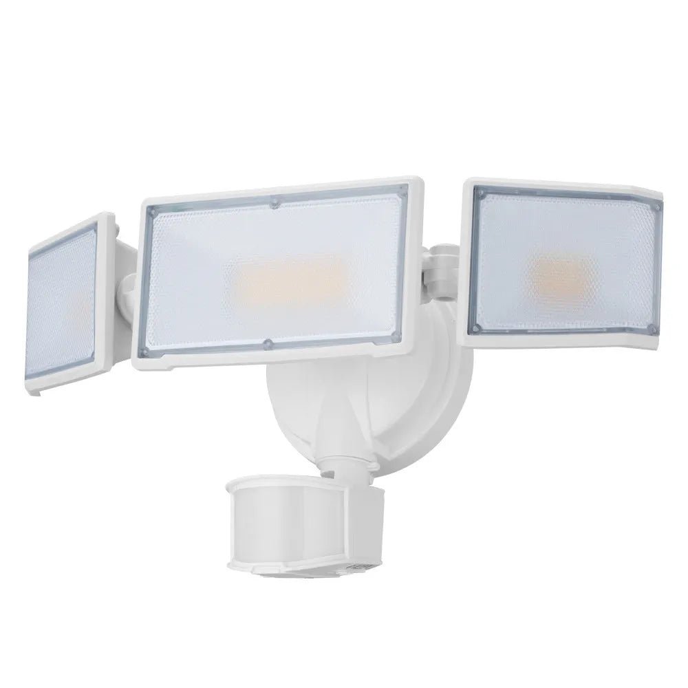 120V LED security flood light with motion sensor in white or black finish for outdoor wall or ceiling mounting