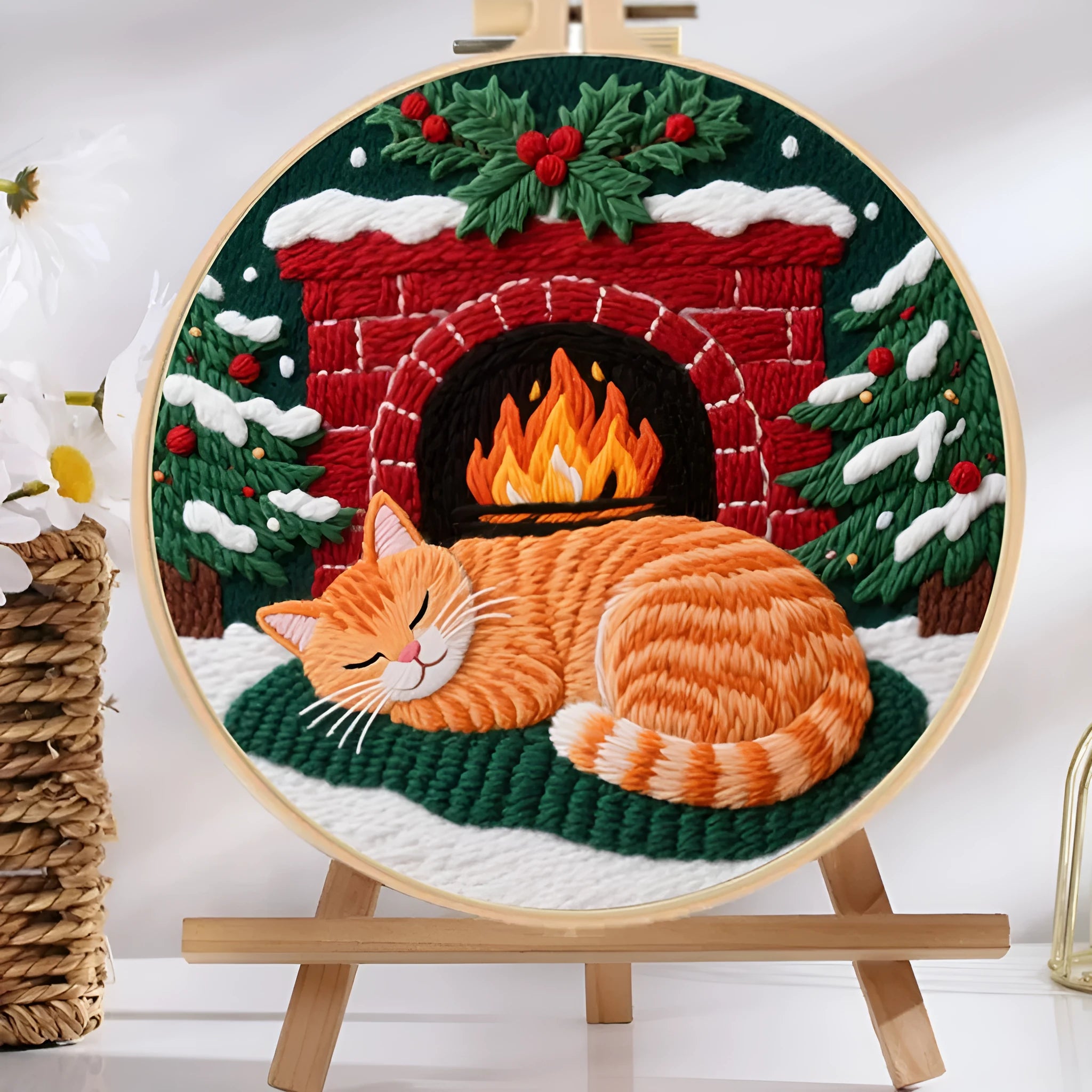 Embroidery material package with cotton linen fabric, autumn fruit pattern, and imitation bamboo frame