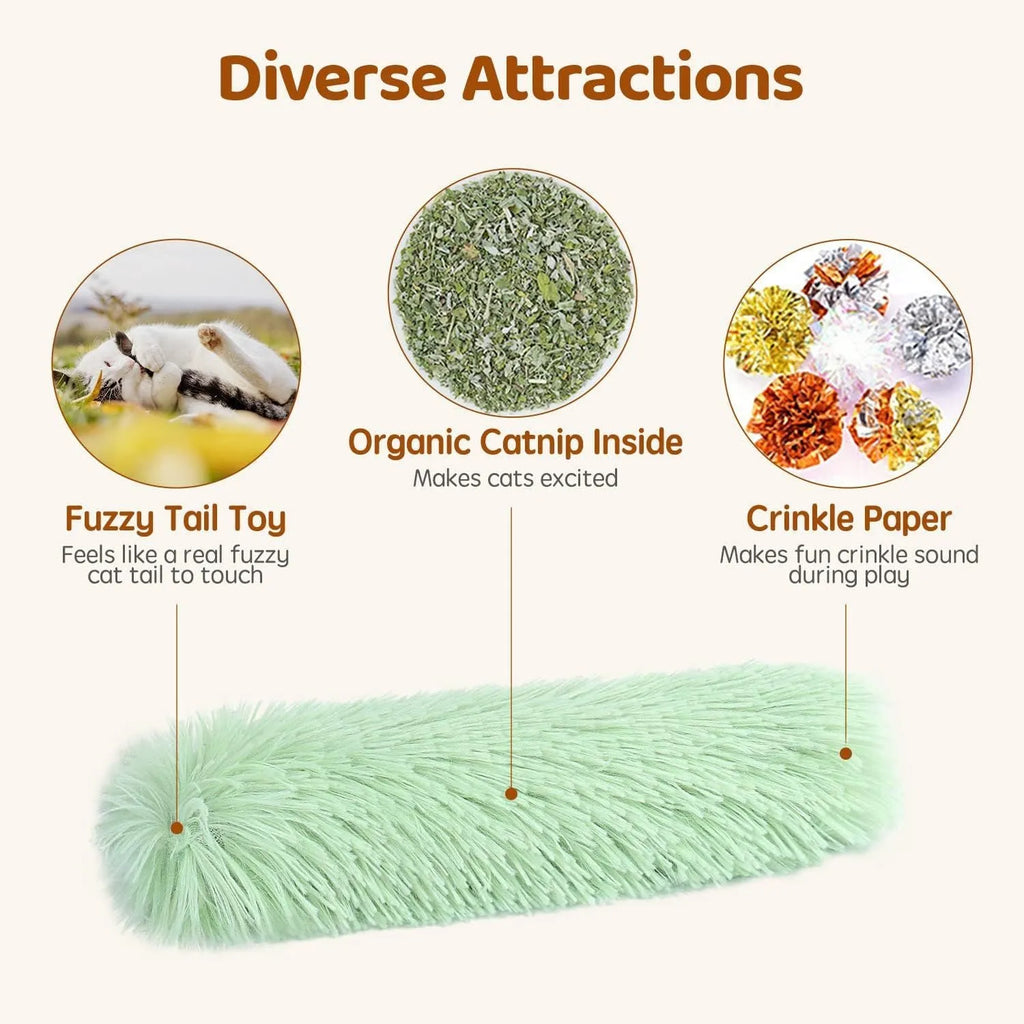 Plush cat toy pillow with crinkle paper in blue, green, pink and white colours measuring 27cm by 10cm