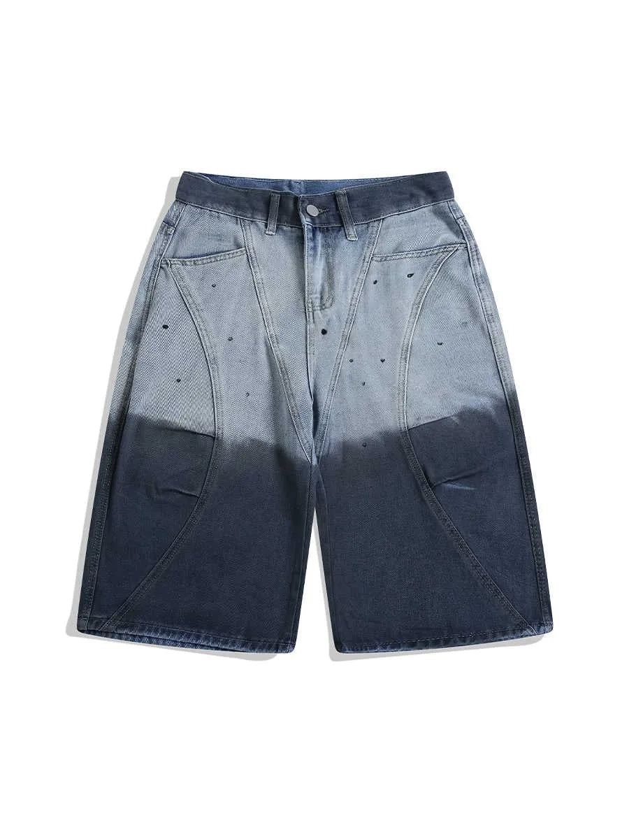 Tie-dye gradient blue cropped jeans with washed-out finish and loose fit design