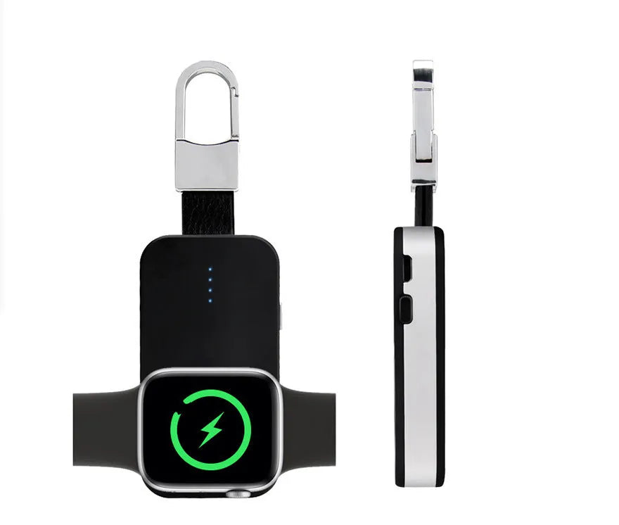 Black portable keychain power bank for wireless charging of Apple Watch on a white background.