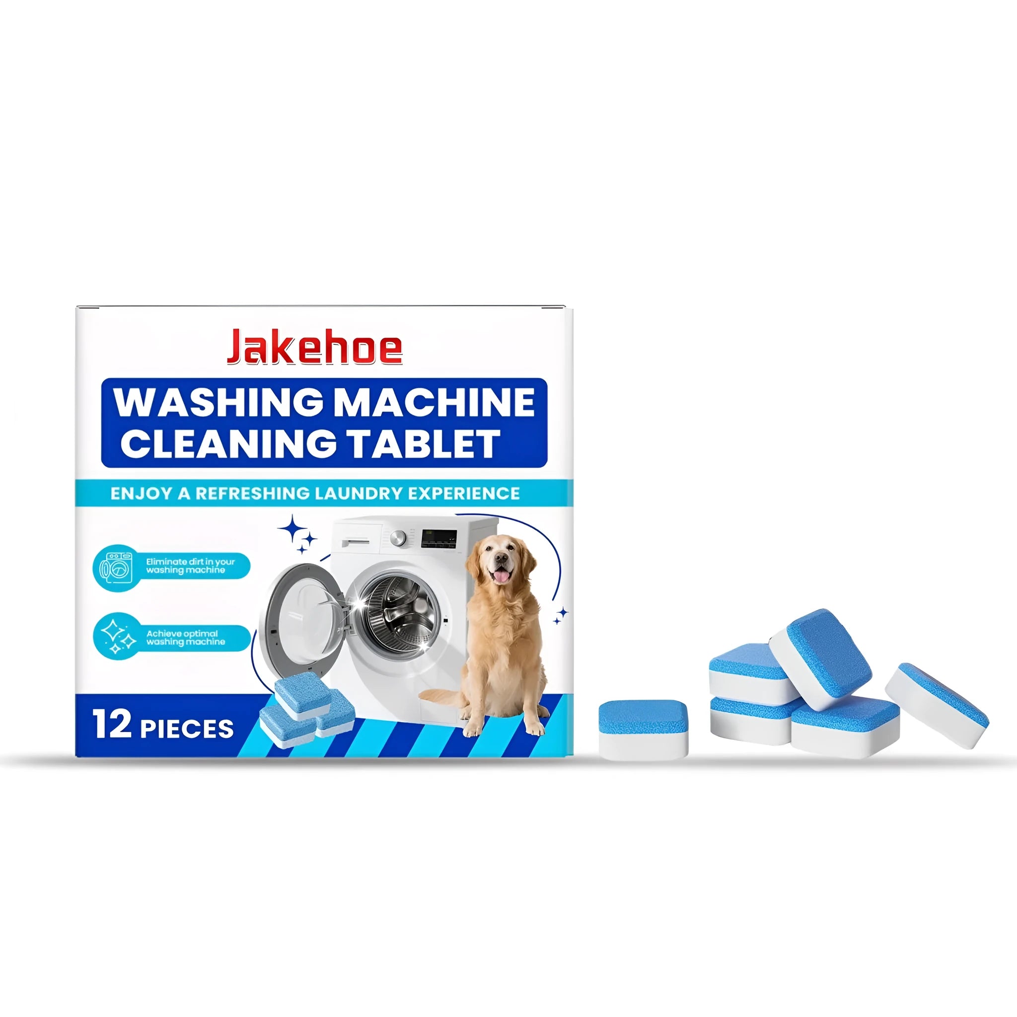 Pack of 12 white washing machine cleaning tablets with ingredients including sodium bicarbonate and citric acid.