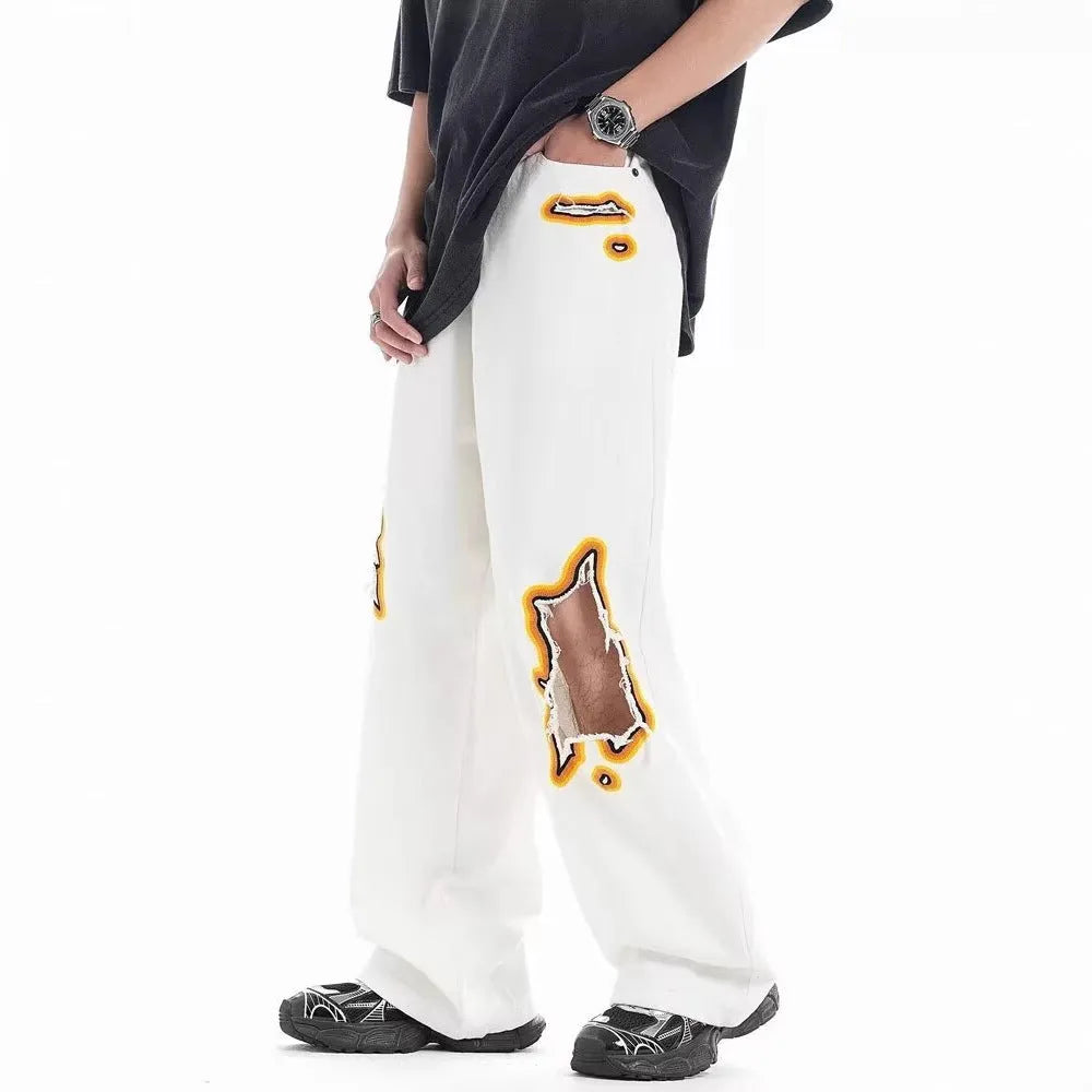 Casual Straight-Leg Trousers Cotton Blend Fabric Retro Washed Ripped Embroidery Niche Design Loose Fit Zipper Fly Sizes S-4XL White Unisex Everyday Wear