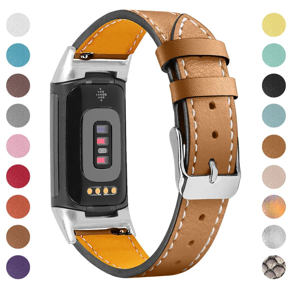 Genuine cowhide leather strap for Fitbit Charge 5 and Charge 6 smartwatch in multiple colour options.