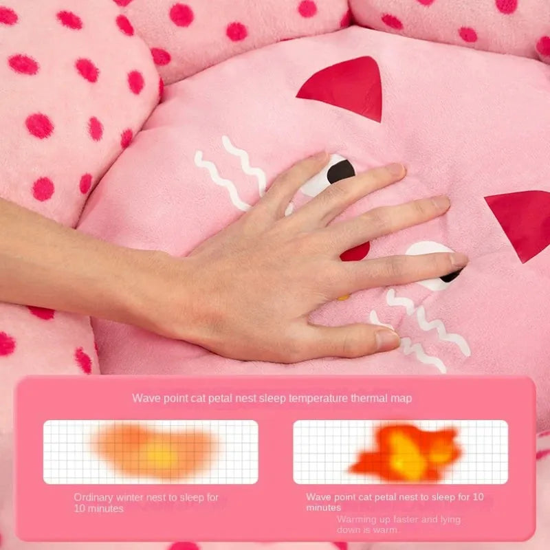 Pink dot patterned fabric cat bed shown in two sizes: 45cm and 65cm diameter.