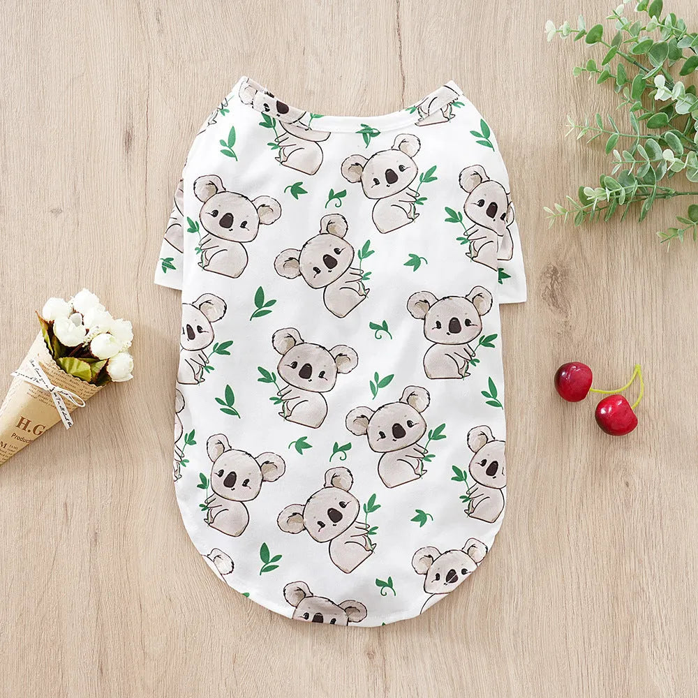 Printed dog t-shirt for small breeds with full-print design showing seasonal casual wear