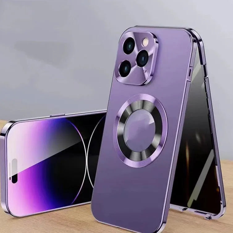 Magnetic iPhone case with anti-peep metal clip in black, blue, gold, purple and silver colour options