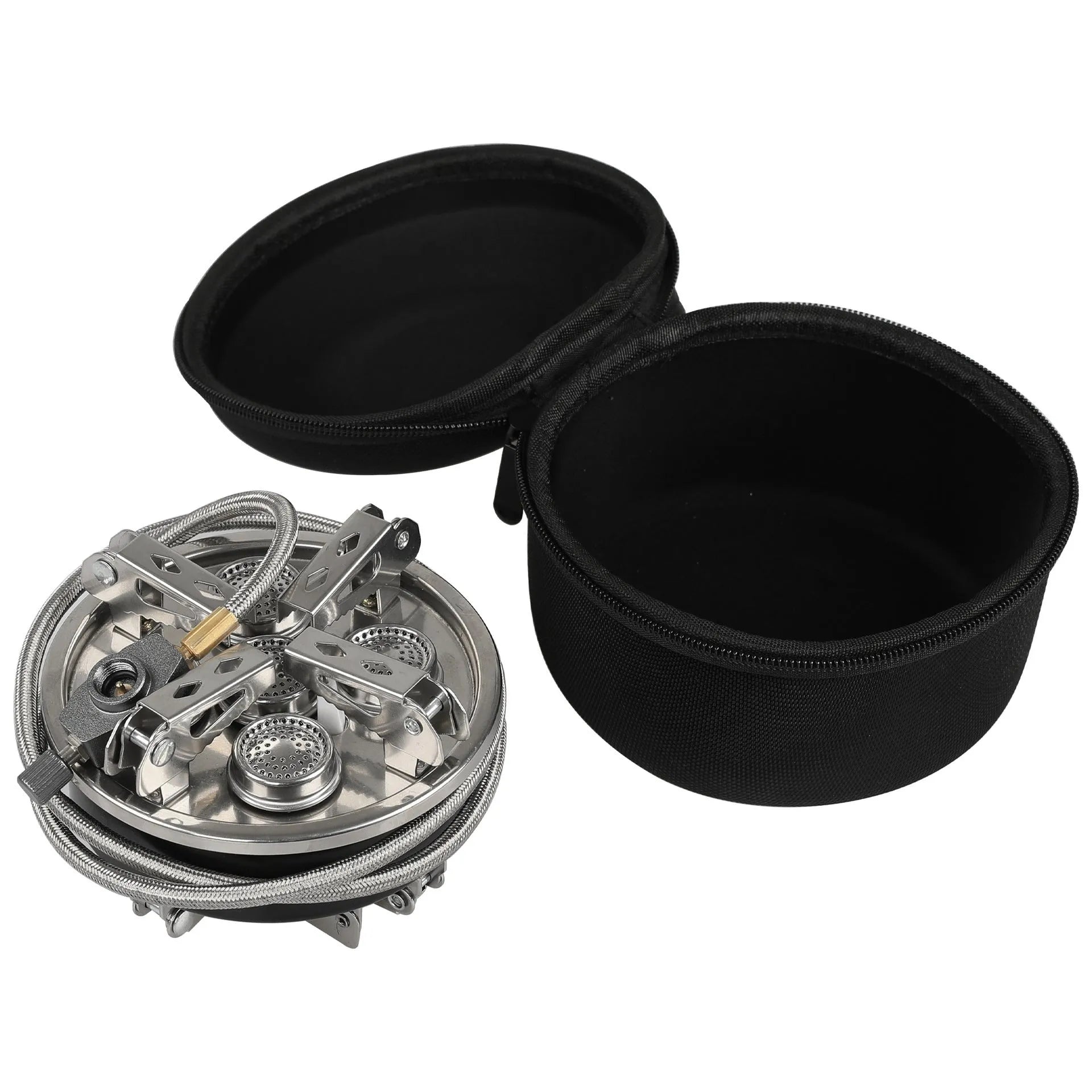 Silver portable split camping stove made of stainless steel and copper, showing its compact size and 100cm connecting hose.