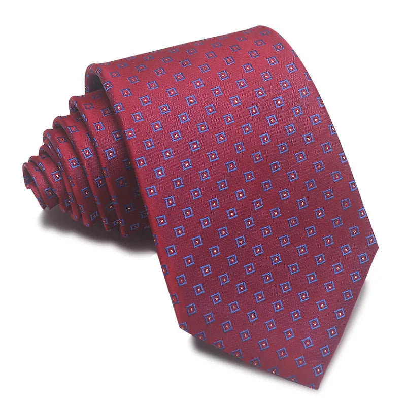 Men's red and black striped polyester jacquard tie with an arrow shape laid flat