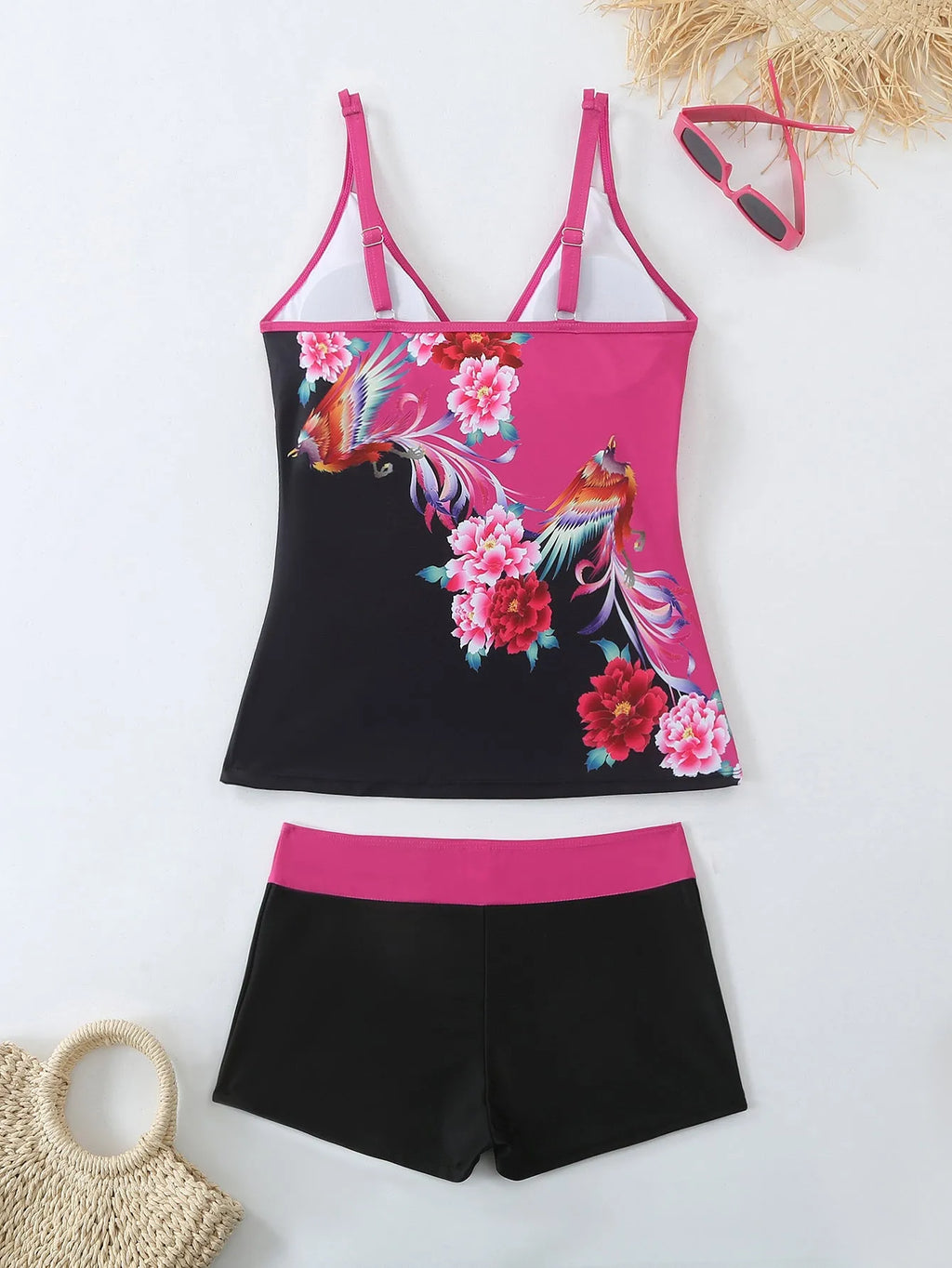 Plus size women's swimsuit in black or rose red with cotton lining and briefs style for swimming