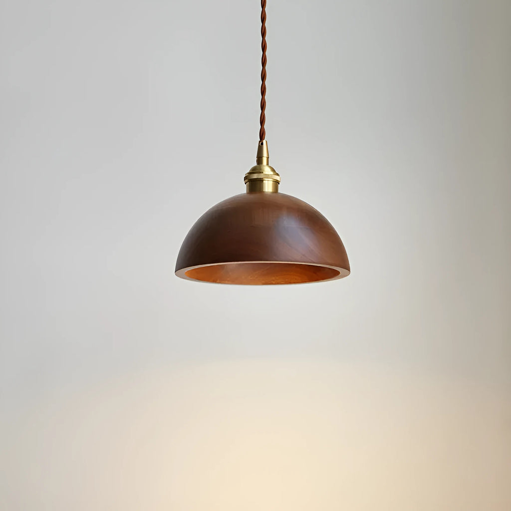 Single-head black walnut style droplight chandelier with copper wood art construction and E27 lamp holder.