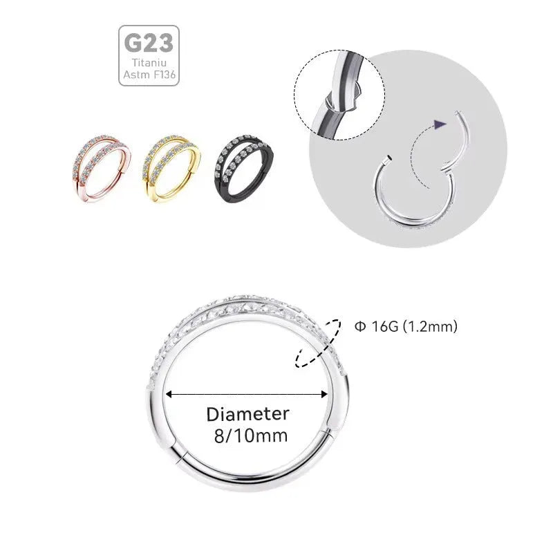 G23 titanium alloy lip and nose ring body jewellery with a zircon stud in gold or steel colour.