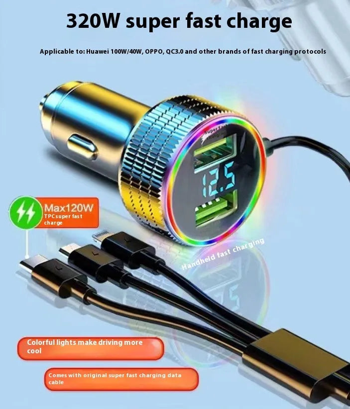 Fast charging car phone charger with three-in-one cable, light-level indicator, metal and plastic construction, 320W Black