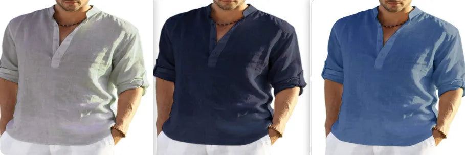 Men's slim fit cotton linen shirt with stand collar and long sleeves in a solid light blue colour.