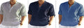 Men's slim fit cotton linen shirt with stand collar and long sleeves in a solid light blue colour.