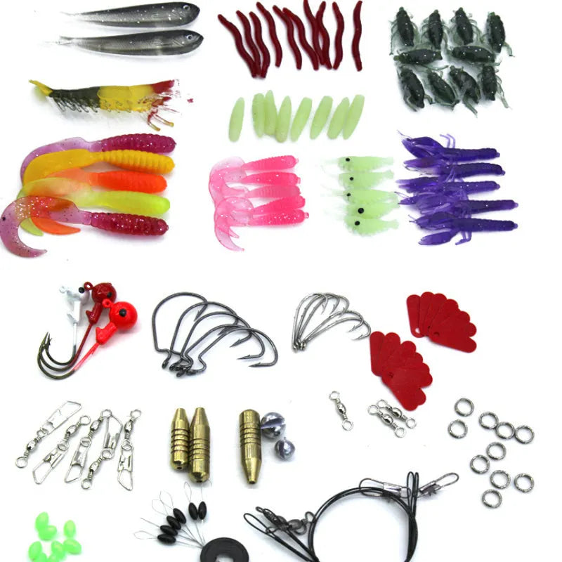 132-piece fishing lure suit with soft baits and hooks in rose red treasure colour